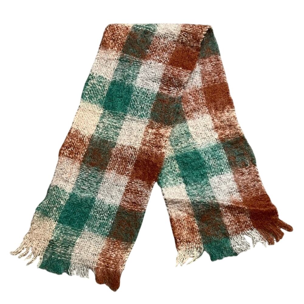 Vintage Robinson’s Mohair Wool Plaid Scarf Green Brown Cream Scotland NWT